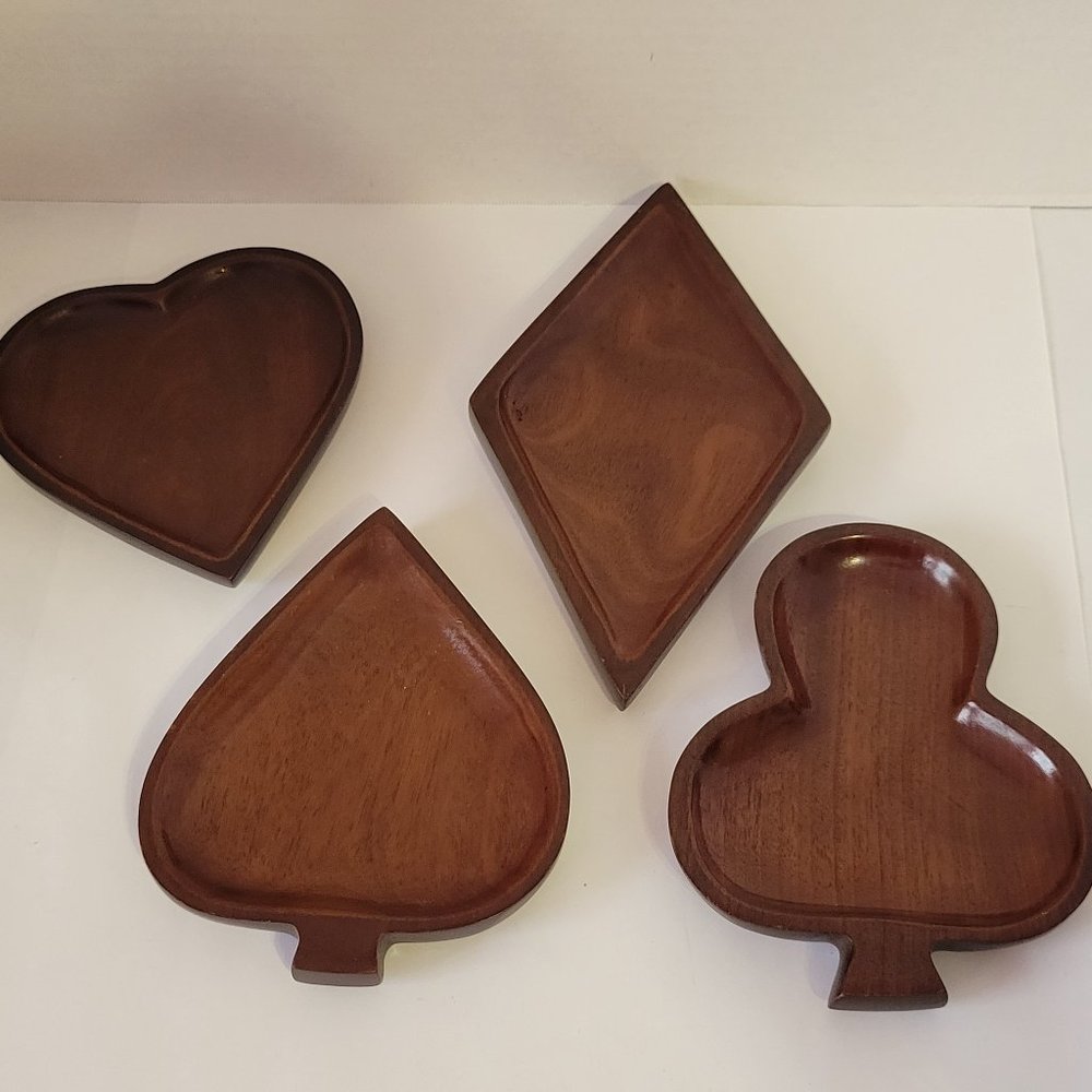 Vintage Caribcraft Solid Mahogany Card Suits Serving Trays - Haiti - Set of 4